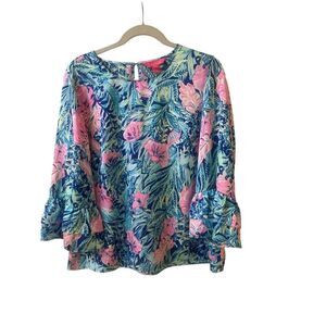 Lilly Pulitzer Christie floral blouse ruffle sleeves sz Large